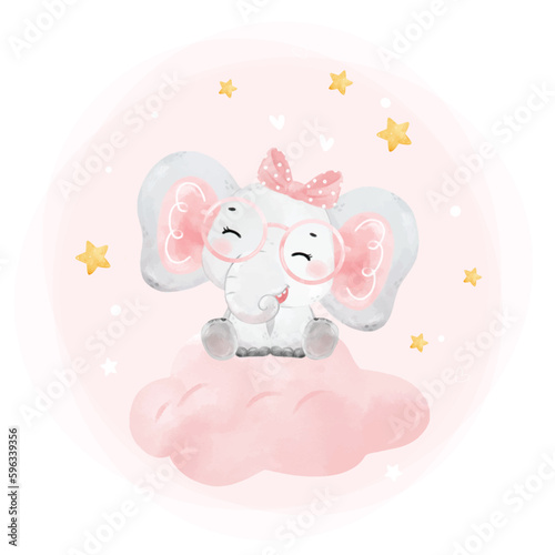 cute happy cheerful smile baby pink elephant girl sitting on pink cloud, adorable nursery birthday wildlife animal watercolur cartoon illustration © Natsicha