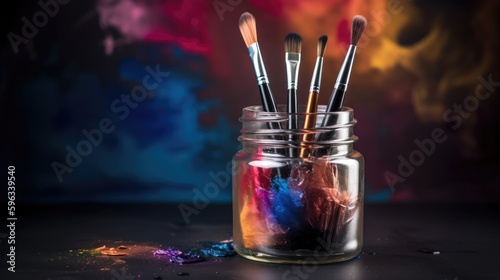 A vibrant set of watercolor makeup brushes in a glass jar, with a splash of color in the background. generative ai