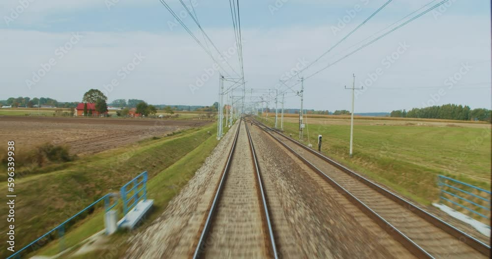 Train journey point of view from driver's view. Train ride from the point of view of the last carriage of the train. Railroad track from a train POV perspective. Train journey point of view from driver's view. Train ride from the point of view of the last carriage of the train. Railroad track from a train POV perspective.