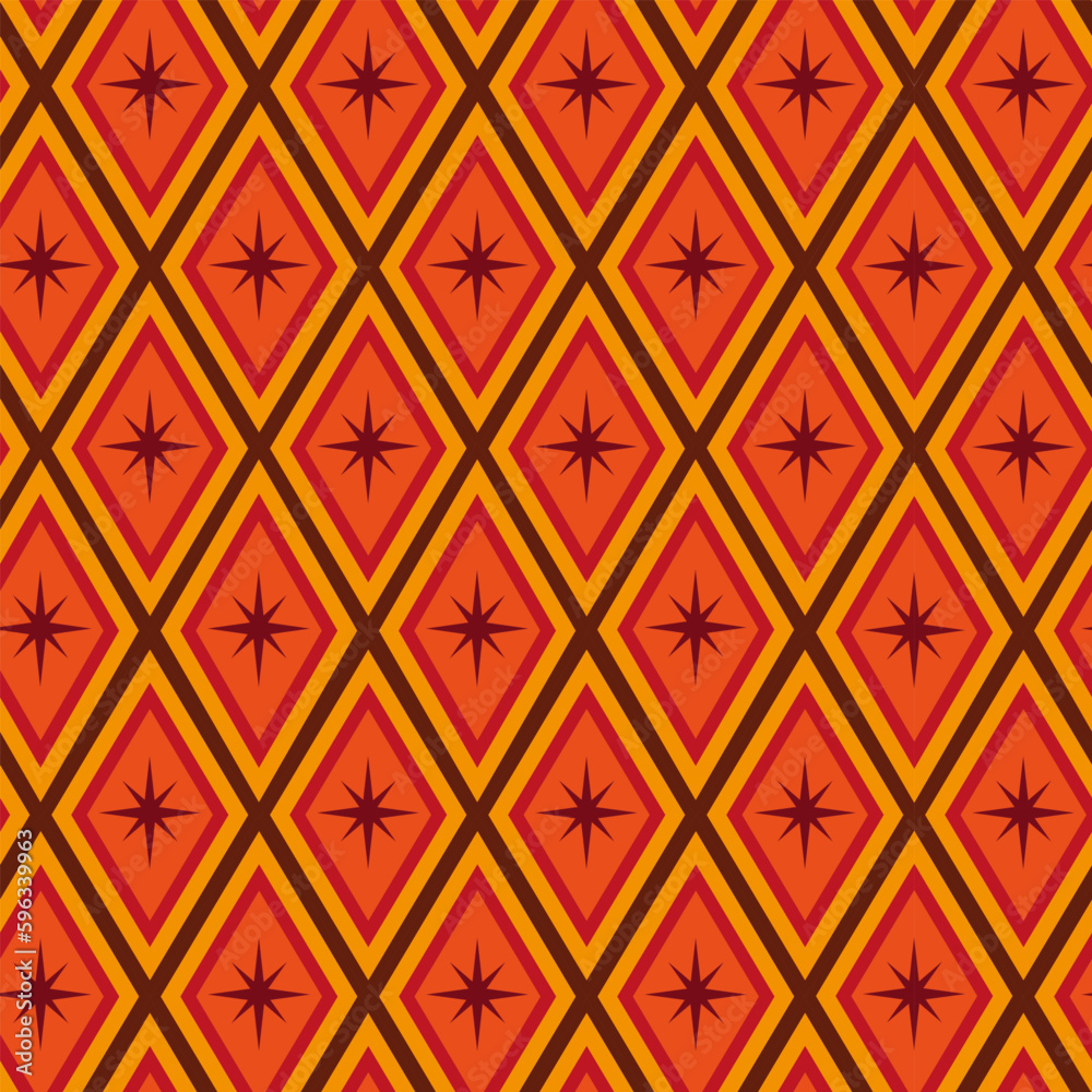 Mid century modern atomic starbursts seamless pattern  on retro diamond geometric shapes in orange, red, tangerine and brown. For backgrounds, fabric, textile , home décor and wallpaper 