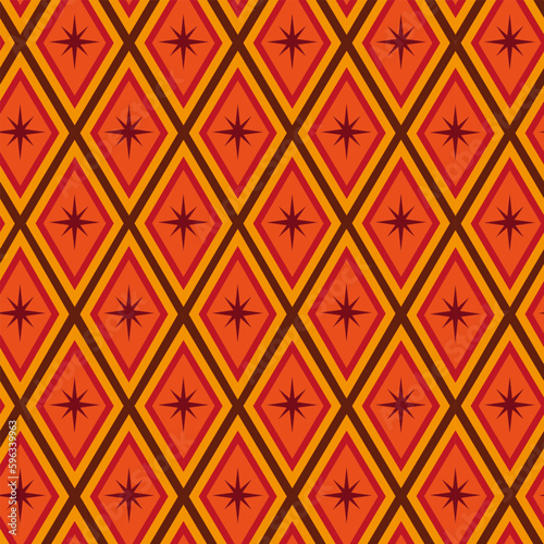Mid century modern atomic starbursts seamless pattern  on retro diamond geometric shapes in orange, red, tangerine and brown. For backgrounds, fabric, textile , home décor and wallpaper 