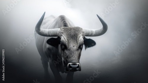 angry bull in the middle of a fog, in the style of white and gray, angura kei, photographic source, generative ai