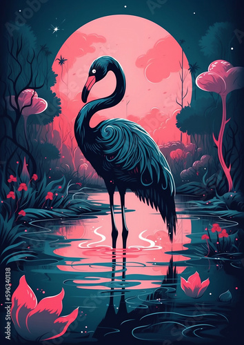 black flamingo in the water in lush vegetation , generative ai © Coka