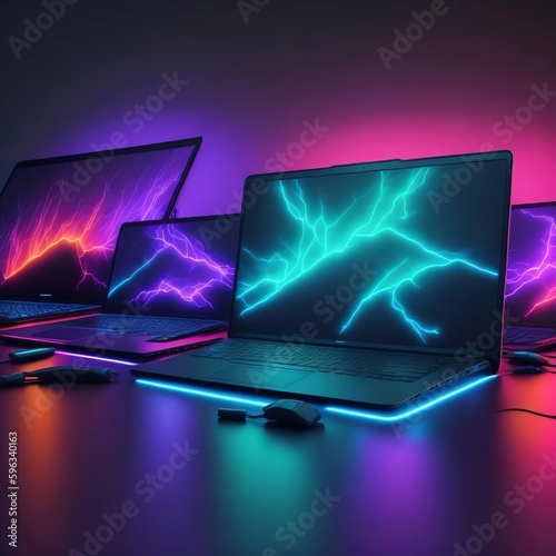 Neon Laptops vor einem dunklen Hintergrund
