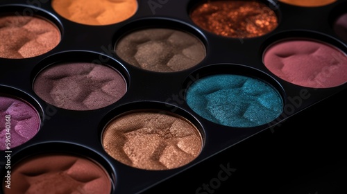 Closeup shot of eyeshadow, cosmetics, makeup. Professional eyeshadow palette macro shot. Eye shadow collection, make up theme, generative ai