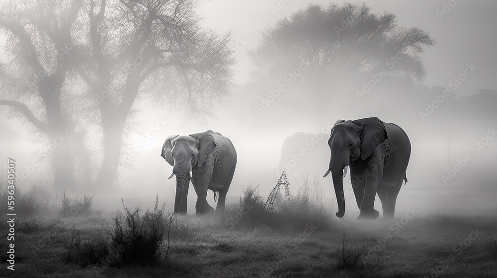 Φωτογραφία elephants in the middle of a fog, in the style of white and gray, angura kei, ph
