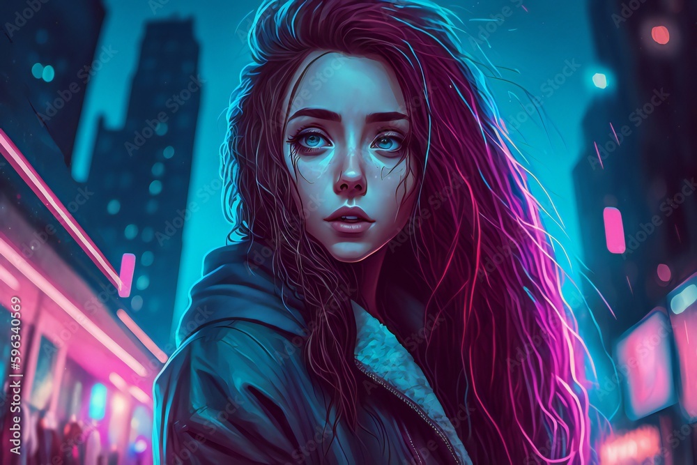 Φωτογραφία AI generated illustration of an anime style woman posing in front of a cyberpunk