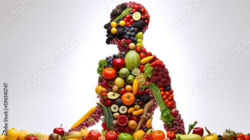 Fresh fruits and vegetables integrated into a human body silhouette for nutritional balance, generative ai