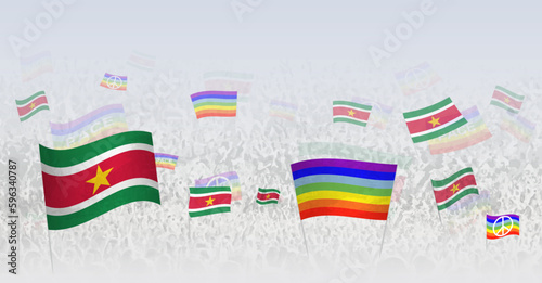 People waving Peace flags and flags of Suriname. Illustration of throng celebrating or protesting with flag of Suriname and the peace flag.