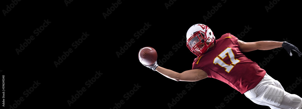 Horisontal banner for website header. Visual with American football player banner on black background. Template for a sports marketing with copy space. Mockup for betting advertisement.