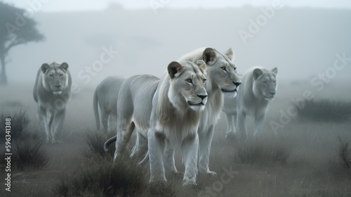 lions in the middle of a fog, in the style of white and gray, angura kei, photographic source, generative ai photo