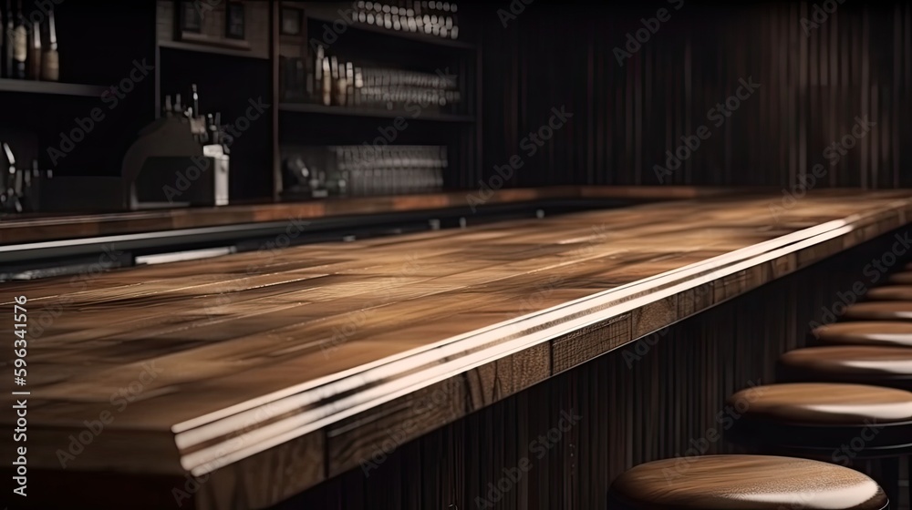 Pub bar counter with wooden table background. generative ai