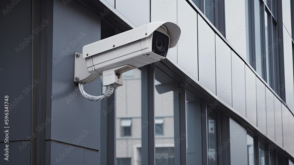 Security camera on modern building. Professional surveillance cameras. CCTV on the wall in the city. Security system, generative ai Security camera on modern building. Professional surveillance cameras. CCTV on the wall in the city. Security system, generative ai