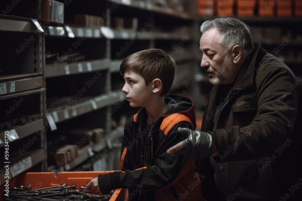 Grandfather and grandson working together in warehouse. They are looking at the toolbox.. Generative AI