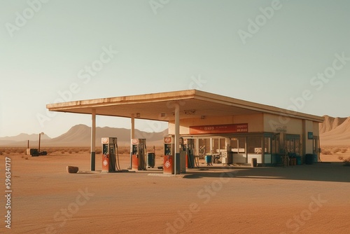 Photographie A gas station located in the middle of a desert. Generative AI