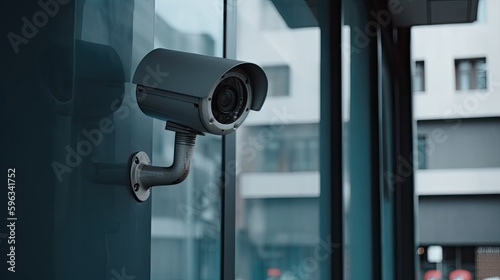 Security camera on modern building. Professional surveillance cameras. CCTV on the wall in the city. Security system, generative ai