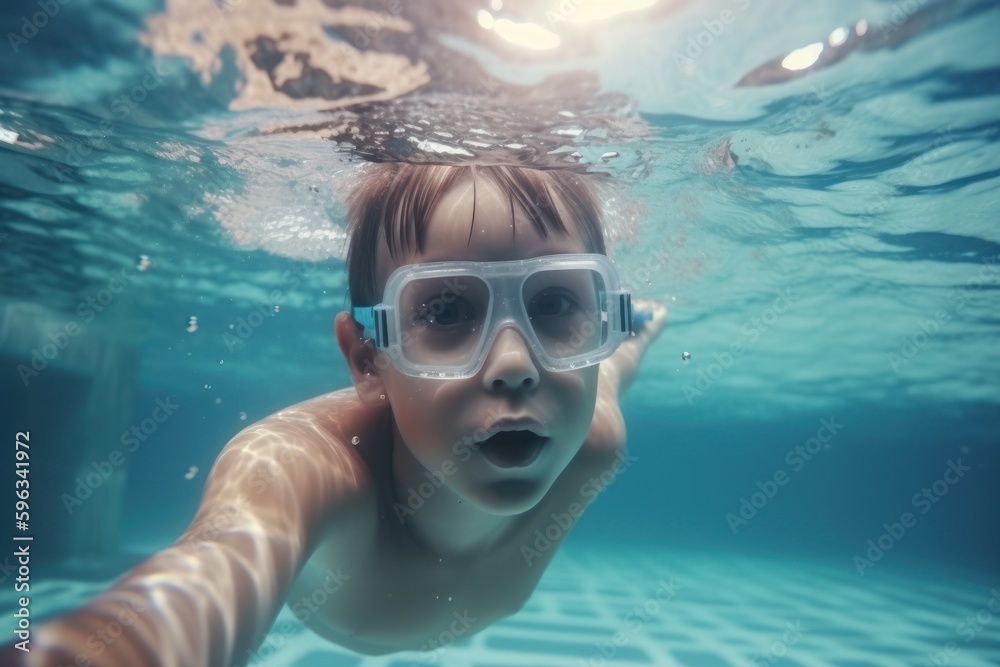 Naklejka premium Underwater portrait of a little boy swimming in the pool with goggles. Generative AI