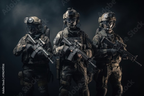 Group of soldiers in full gear with assault rifles on a black background. Generative AI