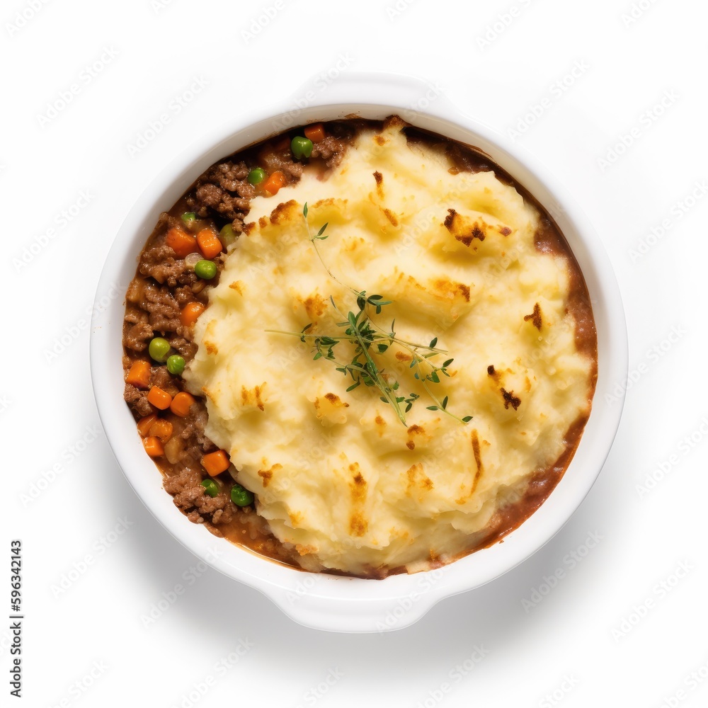 Shepherd's Pie Isolated on White .Generative AI Shepherd's Pie Isolated on White .Generative AI