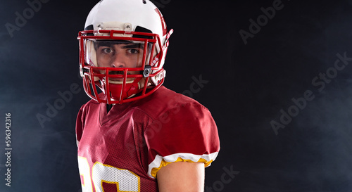 American football player teenager. Photo for bookmaker ads with copy space. Mockup for betting advertisement. Sports betting, football betting, gambling, bookmaker, big win