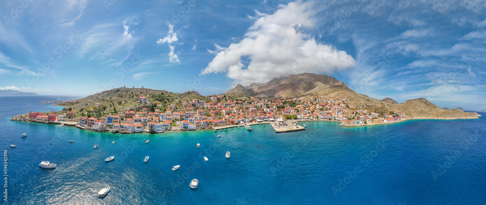Aerial panoramic photo of the island of Chalki Greece.