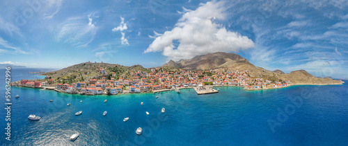 Aerial panoramic photo of the island of Chalki Greece.
