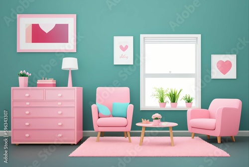 living room in pink and light green  3D modeled