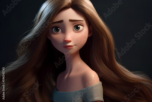 Portrait of a cute little girl in cartoon style illustration. Generative AI. photo