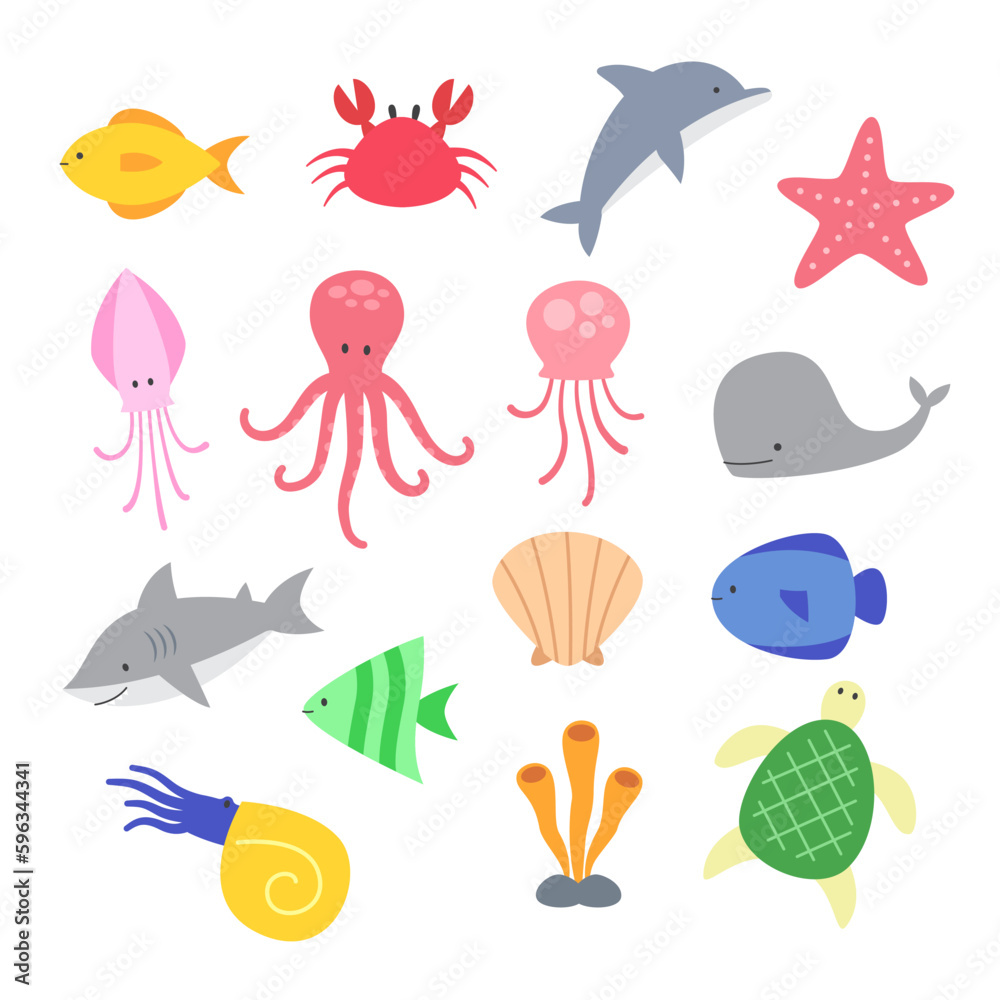 Set of sea animals flat design illustration