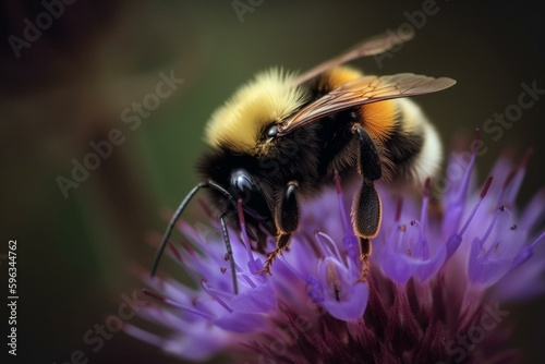 Close-up of a bumblebee gathering nectar from a flower. Generative AI