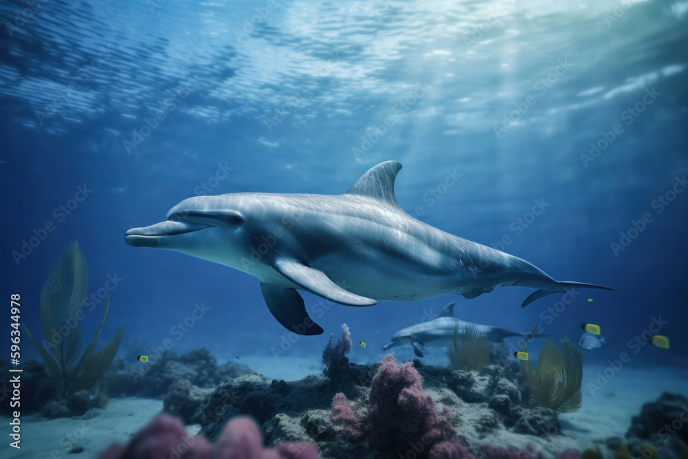 Group of dolphins swimming in coral reef ecosystem of Egypt on World Oceans Day. These beautiful and intelligent mammals are symbol of vibrant and delicate ecosystem of our oceans. AI Generative.