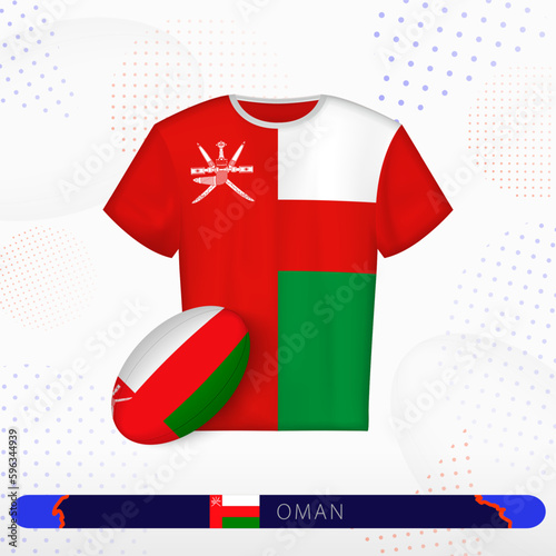 Oman rugby jersey with rugby ball of Oman on abstract sport background.