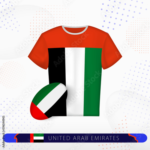 United Arab Emirates rugby jersey with rugby ball of United Arab Emirates on abstract sport background.