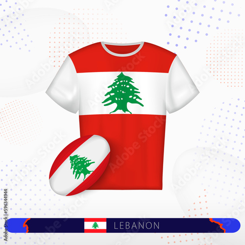 Lebanon rugby jersey with rugby ball of Lebanon on abstract sport background.