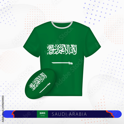 Saudi Arabia rugby jersey with rugby ball of Saudi Arabia on abstract sport background.