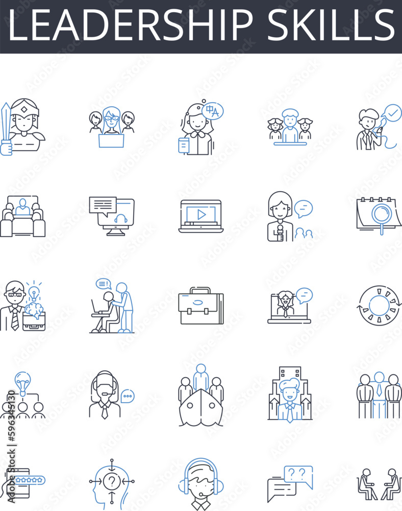 Leadership skills line icons collection. Communication skills, Teamwork skills, Problem-solving skills, Time management skills, Critical thinking skills, Interpersonal skills, Generative AI