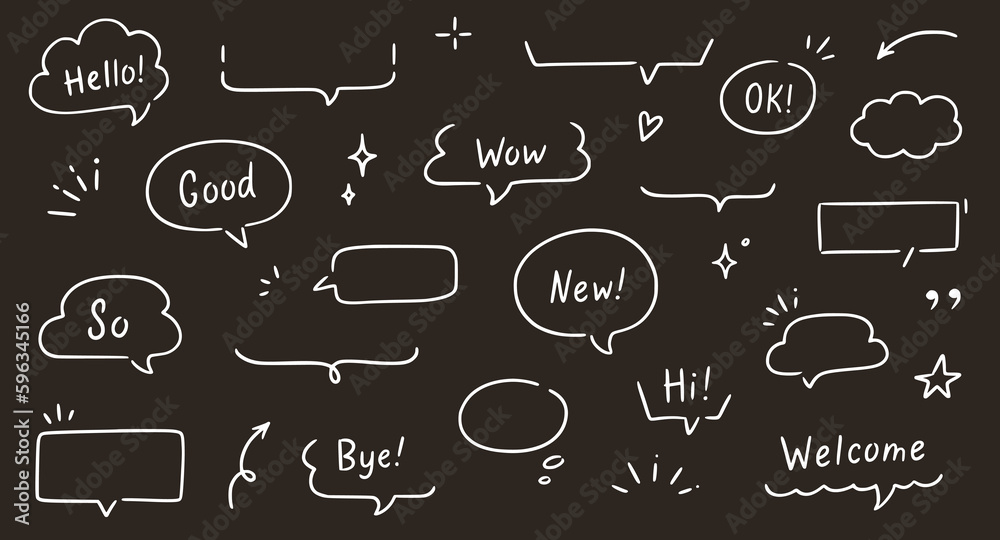 Balloon text frame decoration set chalkboard background. Simple hand drawn pen line speech bubble, cloud, balloon frame for text border. Doodle elegant dialog bubble. Vector illustration Balloon text frame decoration set chalkboard background. Simple hand drawn pen line speech bubble, cloud, balloon frame for text border. Doodle elegant dialog bubble. Vector illustration