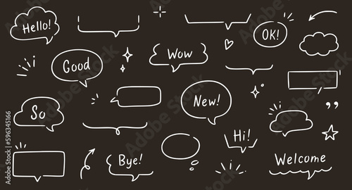 Balloon text frame decoration set chalkboard background. Simple hand drawn pen line speech bubble, cloud, balloon frame for text border. Doodle elegant dialog bubble. Vector illustration