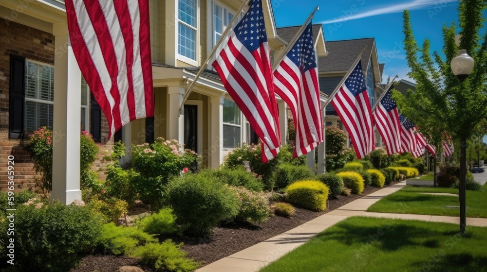  American flag proudly displayed on various buildings and homes during National Flag Week, generative ai