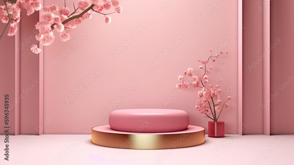 background, pink podium display. Sakura pink flower tree branch with frame. Cosmetic or beauty product promotion step floral pedestal. generative ai background, pink podium display. Sakura pink flower tree branch with frame. Cosmetic or beauty product promotion step floral pedestal. generative ai