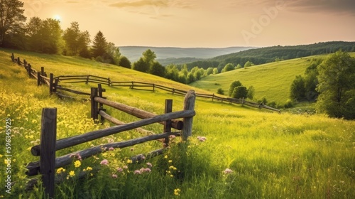 An idyllic countryside landscape with rolling hills, wildflower meadows, and a rustic wooden fence, generative ai