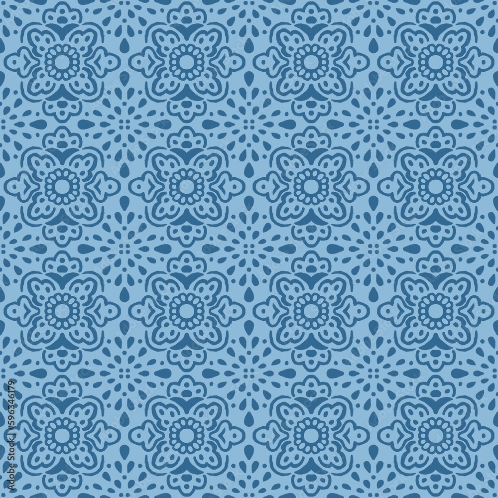 Monochrome blue ornament seamless pattern. Lace allover print. Oriental motif