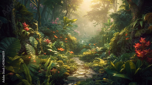 dreamy surreal fantasy landscape , lush vegetation and flowers, generative ai 