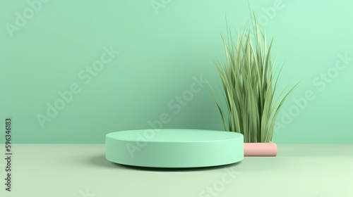  display podium pastel green background, Natural green grass. Spring and summer, nature minimal pedestal. generative ai