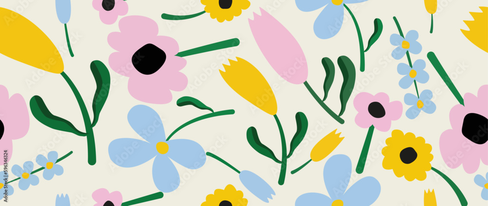 Vector seamless illustration. Floral abstract bright pattern. Beautiful delicate flowers of blue, pink and yellow colors. Ideal for decorating textiles, wallpapers, covers, postcards. Vector seamless illustration. Floral abstract bright pattern. Beautiful delicate flowers of blue, pink and yellow colors. Ideal for decorating textiles, wallpapers, covers, postcards.