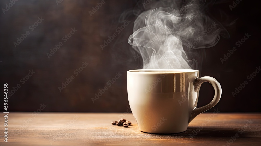  Freshly brewed coffee in a stylish mug with aromatic steam swirling above, set against a warm, rustic background, generative ai - obrazy, fototapety, plakaty 