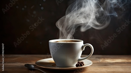  Freshly brewed coffee in a stylish mug with aromatic steam swirling above, set against a warm, rustic background, generative ai