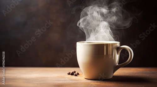 Photographie Freshly brewed coffee in a stylish mug with aromatic steam swirling above, set