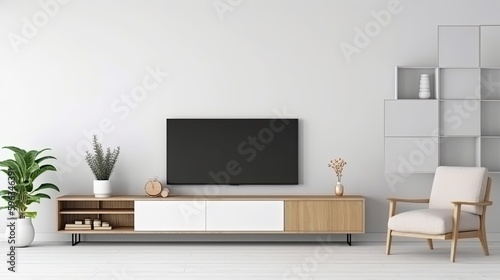  Living room interior have cabinet for tv and leather armchair in white room. generative ai