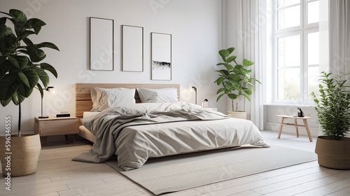 Minimalistic Scandinavian bedroom with a comfortable bed, soft linens, and neutral tones, complemented by a touch of greenery, generative ai © 3D Station